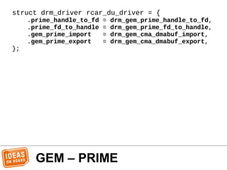 GEM – PRIME
struct drm_driver rcar_du_driver = {
.prime_handle_to_fd = drm_gem_prime_handle_to_fd,
.prime_fd_to_handle = d...