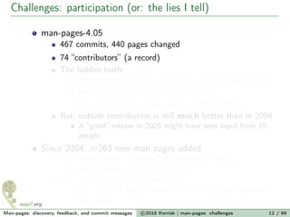 Challenges: participation (or: the lies I tell)
man-pages-4.05
467 commits, 440 pages changed
74 “contributors” (a record)
The hidden truth:
Most contributions are comments or emailed bug reports
Few actual patches or reviews of patches
From 467 commits: I was author of 401 (≈70%)
But, outside contribution is still much better than in 2004
A “good” release in 2005 might have seen input from 10
people
Since 2004: ≈263 new man pages added
The hidden truth: I wrote 164 of those (> 60%)
And cowrote many of the others
But, culture has slowly improved...
E.g., for all 4 syscalls added in Linux 3.17, devs drafted a
man page
Man-pages: discovery, feedback, and commit messages c 2016 Kerrisk | man-pages: challenges 12 / 89
 