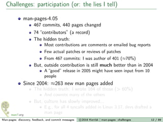 Challenges: participation (or: the lies I tell)
man-pages-4.05
467 commits, 440 pages changed
74 “contributors” (a record)
The hidden truth:
Most contributions are comments or emailed bug reports
Few actual patches or reviews of patches
From 467 commits: I was author of 401 (≈70%)
But, outside contribution is still much better than in 2004
A “good” release in 2005 might have seen input from 10
people
Since 2004: ≈263 new man pages added
The hidden truth: I wrote 164 of those (> 60%)
And cowrote many of the others
But, culture has slowly improved...
E.g., for all 4 syscalls added in Linux 3.17, devs drafted a
man page
Man-pages: discovery, feedback, and commit messages c 2016 Kerrisk | man-pages: challenges 12 / 89
 