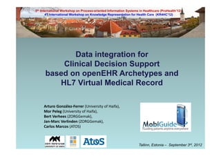 5th International Workshop on Process-oriented Information Systems in Healthcare (ProHealth’12)
       4th International Workshop on Knowledge Representation for Health Care (KR4HC'12)




             Data integration for
          Clinical Decision Support
      based on openEHR Archetypes and
         HL7 Virtual Medical Record

     Arturo González-Ferrer (University of Haifa),
     Mor Peleg (University of Haifa),
     Bert Verhees (ZORGGemak),
     Jan-Marc Verlinden (ZORGGemak),
     Carlos Marcos (ATOS)



                                                                   Tallinn, Estonia – September 3rd, 2012
 