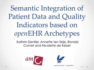 Semantic  Integration  of  
Patient  Data  and  Quality  
   Indicators  based  on  
  openEHR  Archetypes	
   Kathrin Dentler, Annette ten Teije, Ronald
       Cornet and Nicolette de Keizer




                                                1  /  25	
 