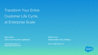 Marc Aubin
CEO & Co-Founder, AppBuddy
maubin@appbuddy.com
@appbuddy, @marcaubin
Transform Your Entire
Customer Life Cycle,
at Enterprise Scale
Steven Cox
Global Sales Tools, NetApp
Steve.Cox@netapp.com
 