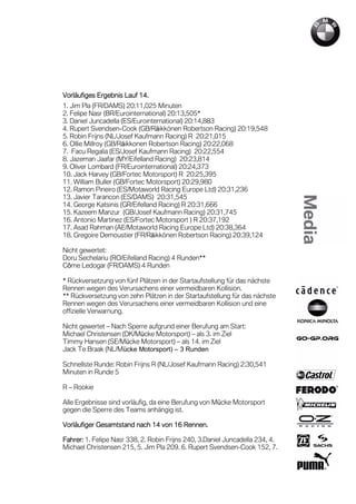 Vorläufiges Ergebnis Lauf 14.
1. Jim Pla (FR/DAMS) 20:11,025 Minuten
2. Felipe Nasr (BR/Eurointernational) 20:13,505*
3. Daniel Juncadella (ES/Eurointernational) 20:14,883
4. Rupert Svendsen-Cook (GB/Räikkönen Robertson Racing) 20:19,548
5. Robin Frijns (NL/Josef Kaufmann Racing) R 20:21,015
6. Ollie Millroy (GB/Räikkonen Robertson Racing) 20:22,068
7. Facu Regalia (ES/Josef Kaufmann Racing) 20:22,554
8. Jazeman Jaafar (MY/Eifelland Racing) 20:23,814
9. Oliver Lombard (FR/Eurointernational) 20:24,373
10. Jack Harvey (GB/Fortec Motorsport) R 20:25,395
11. William Buller (GB/Fortec Motorsport) 20:29,980
12. Ramon Pineiro (ES/Motaworld Racing Europe Ltd) 20:31,236
13. Javier Tarancon (ES/DAMS) 20:31,545
14. George Katsinis (GR/Eifelland Racing) R 20:31,666
15. Kazeem Manzur (GB/Josef Kaufmann Racing) 20:31,745
16. Antonio Martinez (ES/Fortec Motorsport ) R 20:37,192
17. Asad Rahman (AE/Motaworld Racing Europe Ltd) 20:38,364
18. Gregoire Demoustier (FR/Räikkönen Robertson Racing) 20:39,124

Nicht gewertet:
Doru Sechelariu (RO/Eifelland Racing) 4 Runden**
Côme Ledogar (FR/DAMS) 4 Runden

* Rückversetzung von fünf Plätzen in der Startaufstellung für das nächste
Rennen wegen des Verursachens einer vermeidbaren Kollision.
** Rückversetzung von zehn Plätzen in der Startaufstellung für das nächste
Rennen wegen des Verursachens einer vermeidbaren Kollision und eine
offizielle Verwarnung.

Nicht gewertet – Nach Sperre aufgrund einer Berufung am Start:
Michael Christensen (DK/Mücke Motorsport) – als 3. im Ziel
Timmy Hansen (SE/Mücke Motorsport) – als 14. im Ziel
Jack Te Braak (NL/Mücke Motorsport) – 3 Runden

Schnellste Runde: Robin Frijns R (NL/Josef Kaufmann Racing) 2:30,541
Minuten in Runde 5

R – Rookie

Alle Ergebnisse sind vorläufig, da eine Berufung von Mücke Motorsport
gegen die Sperre des Teams anhängig ist.

                                       Rennen.
Vorläufiger Gesamtstand nach 14 von 16 Rennen.

Fahrer: 1. Felipe Nasr 338, 2. Robin Frijns 240, 3.Daniel Juncadella 234, 4.
Michael Christensen 215, 5. Jim Pla 209. 6. Rupert Svendsen-Cook 152, 7.
 