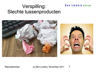 Verspilling:
Slechte tussenproducten

Rijkswaterstaat

(c) Ben Linders, November 2011

B e n L in d e r s A d v ie s

7

 
