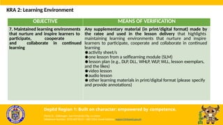 OBJECTIVE MEANS OF VERIFICATION
7. Maintained learning environments
that nurture and inspire learners to
participate, cooperate
and collaborate in continued
learning
Any supplementary material (in print/digital format) made by
the ratee and used in the lesson delivery that highlights
maintaining learning environments that nurture and inspire
learners to participate, cooperate and collaborate in continued
learning
●activity sheet/s
●one lesson from a selflearning module (SLM)
●lesson plan (e.g., DLP, DLL, WHLP, WLP, WLL, lesson exemplars,
and the likes)
●video lesson
●audio lesson
●other learning materials in print/digital format (please specify
and provide annotations)
KRA 2: Learning Environment
DepEd Region 1: Built on character; empowered by competence.
Flores St., Catbangen, San Fernando City, La Union
Telephone Number: (072) 607-8137 / 682-2324; Email Address: region1@deped.gov.ph
 