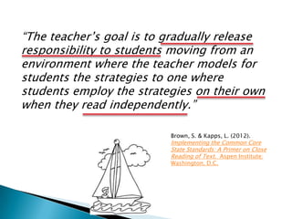 “The teacher’s goal is to gradually release
responsibility to students moving from an
environment where the teacher models for
students the strategies to one where
students employ the strategies on their own
when they read independently.”
Brown, S. & Kapps, L. (2012).

Implementing the Common Core
State Standards: A Primer on Close
Reading of Text. Aspen Institute:
Washington, D.C.

 