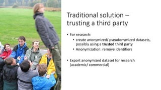Traditional solution –
trusting a third party
• For research:
• create anonymized/ pseudonymized datasets,
possibly using a trusted third party
• Anonymization: remove identifiers
• Export anonymized dataset for research
(academic/ commercial)
 