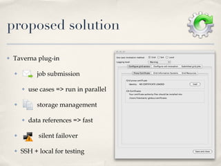proposed solution Taverna plug-in job submission use cases => run in parallel storage management data references => fast silent failover SSH + local for testing 