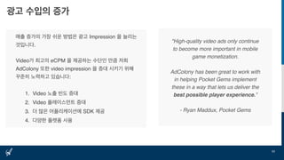 광고 수입의 증가
11
매출 증가의 가장 쉬운 방법은 광고 Impression 을 늘리는
것입니다.
Video가 최고의 eCPM 을 제공하는 수단인 만큼 저희
AdColony 또한 video impression 을 증대 시키기 위해
꾸준히 노력하고 있습니다:
1. Video 노출 빈도 증대
2. Video 플레이스먼트 증대
3. 더 많은 어플리케이션에 SDK 제공
4. 다양한 플렛폼 사용
"High-quality video ads only continue
to become more important in mobile
game monetization.
AdColony has been great to work with
in helping Pocket Gems implement
these in a way that lets us deliver the
best possible player experience.”
- Ryan Maddux, Pocket Gems
 
