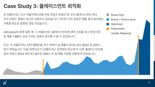 Case Study 3: 플레이스먼트 최적화
17
한 퍼블리셔는 신규 어플리케이션을 런칭 하였고 한동안 한 곳의 플레이스먼트 에서
오직 브랜드 캠페인 광고만 허용하고 있었습니다. 하지만 이런 결정은 매출 증대 효과에는
가혹할 정도로 잘못된 결정 이었습니다.
AdColony와 함께 일한 후, 그 퍼블리셔는 플레이스먼트에 대한 조정을 권고 받았으며
일 매출 1068% 상승 이라는 엄청난 효과를 누릴 수 있었습니다.
우선, 이 퍼블리셔는 CPI 캠페인을 추가 하면서 일 매출이 $154 에서 $504 로 226%
증가 하였습니다. 다음 전략으로 이 퍼블리셔는 최적화된 장소에 또 다른 플레이스먼트를
설치 하였고 $504 에서 $1,807로 258% 의 일 매출 신장을 경험하게 되었습니다.
Brand Only
Brand + Performance
Optimized
Placements
Update Released
 