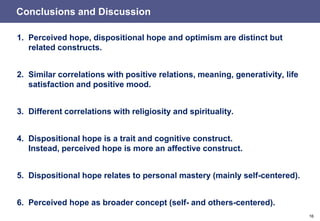 16
Conclusions and Discussion
1. Perceived hope, dispositional hope and optimism are distinct but
related constructs.
2. Similar correlations with positive relations, meaning, generativity, life
satisfaction and positive mood.
3. Different correlations with religiosity and spirituality.
4. Dispositional hope is a trait and cognitive construct.
Instead, perceived hope is more an affective construct.
5. Dispositional hope relates to personal mastery (mainly self-centered).
6. Perceived hope as broader concept (self- and others-centered).
 