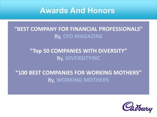 “BEST COMPANY FOR FINANCIAL PROFESSIONALS”
By, CFO MAGAZINE
“Top 50 COMPANIES WITH DIVERSITY”
By, DIVERSITYINC
“100 BEST COMPANIES FOR WORKING MOTHERS”
By, WORKING MOTHERS
Awards And Honors
 