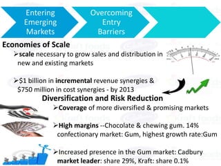 Entering              Overcoming
     Emerging                 Entry
      Markets               Barriers
Economies of Scale
  scale necessary to grow sales and distribution in
   new and existing markets

  $1 billion in incremental revenue synergies &
   $750 million in cost synergies - by 2013
           Diversification and Risk Reduction
               Coverage of more diversified & promising markets

               High margins --Chocolate & chewing gum. 14%
                confectionary market: Gum, highest growth rate:Gum

               Increased presence in the Gum market: Cadbury
                market leader: share 29%, Kraft: share 0.1%
 