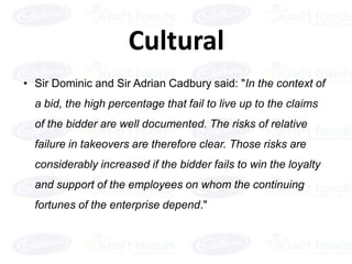 Cultural
• Sir Dominic and Sir Adrian Cadbury said: "In the context of
  a bid, the high percentage that fail to live up to the claims
  of the bidder are well documented. The risks of relative
  failure in takeovers are therefore clear. Those risks are
  considerably increased if the bidder fails to win the loyalty
  and support of the employees on whom the continuing
  fortunes of the enterprise depend."
 