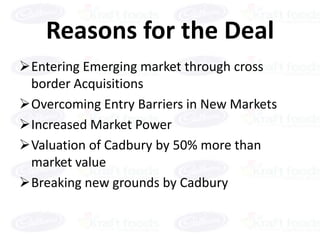 Reasons for the Deal
Entering Emerging market through cross
 border Acquisitions
Overcoming Entry Barriers in New Markets
Increased Market Power
Valuation of Cadbury by 50% more than
 market value
Breaking new grounds by Cadbury
 