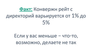 Факт: Конвержн рейт с
директорий варьируется от 1% до
5%
Если у вас меньше – что-то,
возможно, делаете не так
 