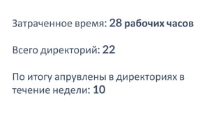 Затраченное время: 28 рабочих часов
Всего директорий: 22
По итогу апрувлены в директориях в
течение недели: 10
 