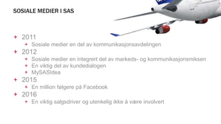 SOSIALE MEDIER I SAS
+ 2011
+ Sosiale medier en del av kommunikasjonsavdelingen
+ 2012
+ Sosiale medier en integrert del av markeds- og kommunikasjonsmiksen
+ En viktig del av kundedialogen
+ MySASIdea
+ 2015
+ En million følgere på Facebook
+ 2016
+ En viktig salgsdriver og utenkelig ikke å være involvert
 
