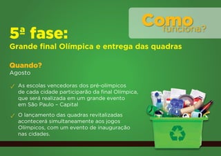 Como
                                                     funciona?
5ª fase:
Grande final Olímpica e entrega das quadras

Quando?
Agosto

✓ As escolas vencedoras dos pré-olímpicos
  de cada cidade participarão da final Olímpica,
  que será realizada em um grande evento
  em São Paulo – Capital

✓ O lançamento das quadras revitalizadas
  acontecerá simultaneamente aos jogos
  Olímpicos, com um evento de inauguração
  nas cidades.
 