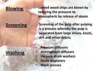 Blowing

cooked wood chips are blown by
reducing the pressure to
atmospheric by release of steam

Screening

Screening of the pulp after pulping
is a process whereby the pulp is
separated from large shives, knots,
dirt and other debris

Washing

•
•
•
•
•

Pressure diffusers
Atmospheric diffusers
Vacuum drum washers
Drum displacers
Wash presses

 