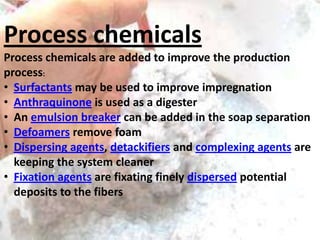 Process chemicals
Process chemicals are added to improve the production
process:
• Surfactants may be used to improve impregnation
• Anthraquinone is used as a digester
• An emulsion breaker can be added in the soap separation
• Defoamers remove foam
• Dispersing agents, detackifiers and complexing agents are
keeping the system cleaner
• Fixation agents are fixating finely dispersed potential
deposits to the fibers

 