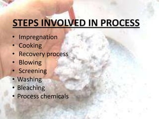 STEPS INVOLVED IN PROCESS
•
•
•
•
•
•
•
•

Impregnation
Cooking
Recovery process
Blowing
Screening
Washing
Bleaching
Process chemicals

 