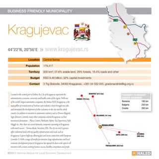 Location Central Serbia
Population 179,417
Territory 835 km²; 57.6% arable land, 26% forests, 16.4% roads and other
Budget RSD 9.48 billion; 32% capital investments
contact 3 Trg Slobode, 34000 Kragujevac, +381 34 332 055, gradonacelnik@kg.org.rs
E 75 E 75
E 70
E 75
E 70
BUSINESS FRIENDLY MUNICIPALITY
L
Kragujevac
www.kragujevac.rs44o
22’n, 20o
56’e
E 75 E 75
E 70
E 75
E 70
ProXimity to nearest
Border crossinGs
Romania 180 km
Bulgaria 250 km
Croatia 260 km
LocatedinthecentralpartofSerbia,theCityofKragujevacrepresentsthe
administrative,economic,universityandhealthcenteroftheregion.Withone
oftheworld’slargestautomotivecompanies,theItalianFIAT,Kragujevacisthe
mainpillarofrevitalizationofSerbianauto-industry,whichbroughtnewjobs
andstimulatedthedevelopmentofotherindustriesinthecityandthewhole
country.InadditiontoinvestorsinautomotiveindustrysuchasPromoMagneti,
Sigit,JohnsonControls,manyothercompaniesselectedKragujevacastheir
investmentdestination–PlazaCenters,Merkator,Metro,Tuš,Supernova,Nelt,
Meggleetc.Also,thereareseveraldomesticcompaniesoperatinginKragujevac
withmuchsuccess–FormaIdeale,Swisslion,DIS.ThecityonriverLepenica
offersindustriallandwithtopqualityinfrastructureandroadssuchas
Kragujevac-LapovohighwayallowingfastandsecureconnectionwithEuropean
CorridorX.Witharangeofbenefitsforinvestors,largeinfrastructureandlocal
economicdevelopmentprojects,Kragujevachasopeneditsdoorswideopentoall
investorswithavision,wishingbusinesssuccess,healthycompetitionandprofit.
KraGuJeVac
BelGrade (141 km)
Vienna (753 km)
istanBul
(869 km)
sofia (309 km)
thessaloniKi (542 km)
BudaPest (513 km)
2013 © National Alliance for Local Economic Development
 