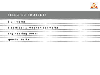 SELECTED PROJECTS

ci v i l w o r k s

el e c t r i c a l & m e c h a n i c a l w o r k s

en g i n e e r i n g w o r k s

sp e c i a l t a s k s
 