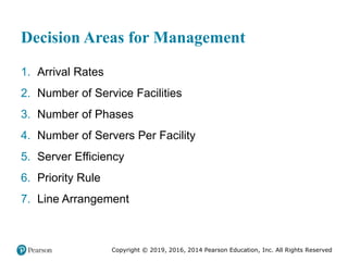 Copyright © 2019, 2016, 2014 Pearson Education, Inc. All Rights Reserved
Decision Areas for Management
1. Arrival Rates
2. Number of Service Facilities
3. Number of Phases
4. Number of Servers Per Facility
5. Server Efficiency
6. Priority Rule
7. Line Arrangement
 