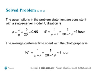 Copyright © 2019, 2016, 2014 Pearson Education, Inc. All Rights Reserved
Solved Problem (2 of 2)
The assumptions in the problem statement are consistent
with a single-server model. Utilization is
19
20



   0.95
1 1
30 19
W
 
  
 
1hour
The average customer time spent with the photographer is:
1 1
1 hour
20 19
W
 
  
 
 