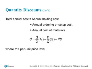 Copyright © 2019, 2016, 2014 Pearson Education, Inc. All Rights Reserved
Quantity Discounts (2 of 6)
Total annual cost = Annual holding cost
+ Annual ordering or setup cost
+ Annual cost of materials
   
2
Q D
C H S PD
Q
  
where P = per-unit price level
 
