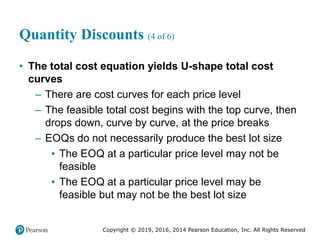Copyright © 2019, 2016, 2014 Pearson Education, Inc. All Rights Reserved
Quantity Discounts (4 of 6)
• The total cost equation yields U-shape total cost
curves
– There are cost curves for each price level
– The feasible total cost begins with the top curve, then
drops down, curve by curve, at the price breaks
– EOQs do not necessarily produce the best lot size
▪ The EOQ at a particular price level may not be
feasible
▪ The EOQ at a particular price level may be
feasible but may not be the best lot size
 