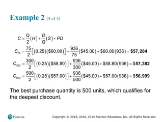 Copyright © 2019, 2016, 2014 Pearson Education, Inc. All Rights Reserved
Example 2 (4 of 5)
   
      
      
      
$57,284
57,382
56,999
75
300
500
2
75 936
0.25 $60.00 $45.00 $60.00 936
2 75
300 936
0.25 $58.80 $45.00 $58.80 936 $
2 300
500 936
0.25 $57.00 $45.00 $57.00 936 $
2 500
Q D
C H S PD
Q
C
C
C
  
 
   
 
 
   
 
 
   
 
The best purchase quantity is 500 units, which qualifies for
the deepest discount.
 