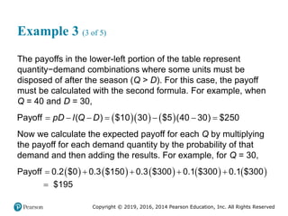 Copyright © 2019, 2016, 2014 Pearson Education, Inc. All Rights Reserved
Example 3 (3 of 5)
The payoffs in the lower-left portion of the table represent
quantity−demand combinations where some units must be
disposed of after the season (Q > D). For this case, the payoff
must be calculated with the second formula. For example, when
Q = 40 and D = 30,
    
Payoff $10 30 $5 40 30 $2 0
( ) ) 5
(
pD l Q D
      
Now we calculate the expected payoff for each Q by multiplying
the payoff for each demand quantity by the probability of that
demand and then adding the results. For example, for Q = 30,
         
Payoff 0.2 $0 0.3 $150 0.3 $300 0.1 $300 0.1 $300
$195
    

 
