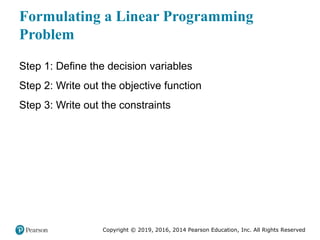 Copyright © 2019, 2016, 2014 Pearson Education, Inc. All Rights Reserved
Formulating a Linear Programming
Problem
Step 1: Define the decision variables
Step 2: Write out the objective function
Step 3: Write out the constraints
 