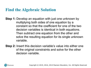 Copyright © 2019, 2016, 2014 Pearson Education, Inc. All Rights Reserved
Find the Algebraic Solution
Step 1: Develop an equation with just one unknown by
multiplying both sides of one equation by a
constant so that the coefficient for one of the two
decision variables is identical in both equations.
Then subtract one equation from the other and
solve the resulting equation for its single unknown
variable.
Step 2: Insert this decision variable’s value into either one
of the original constraints and solve for the other
decision variable.
 