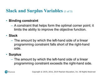Copyright © 2019, 2016, 2014 Pearson Education, Inc. All Rights Reserved
Slack and Surplus Variables (1 of 3)
• Binding constraint
– A constraint that helps form the optimal corner point; it
limits the ability to improve the objective function.
• Slack
– The amount by which the left-hand side of a linear
programming constraint falls short of the right-hand
side.
• Surplus
– The amount by which the left-hand side of a linear
programming constraint exceeds the right-hand side.
 