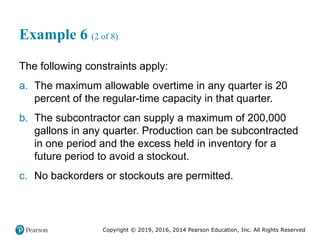 Copyright © 2019, 2016, 2014 Pearson Education, Inc. All Rights Reserved
Example 6 (2 of 8)
The following constraints apply:
a. The maximum allowable overtime in any quarter is 20
percent of the regular-time capacity in that quarter.
b. The subcontractor can supply a maximum of 200,000
gallons in any quarter. Production can be subcontracted
in one period and the excess held in inventory for a
future period to avoid a stockout.
c. No backorders or stockouts are permitted.
 
