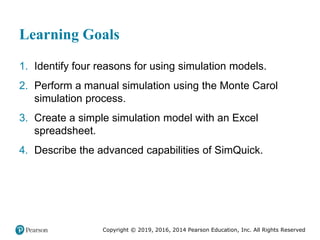 Copyright © 2019, 2016, 2014 Pearson Education, Inc. All Rights Reserved
Learning Goals
1. Identify four reasons for using simulation models.
2. Perform a manual simulation using the Monte Carol
simulation process.
3. Create a simple simulation model with an Excel
spreadsheet.
4. Describe the advanced capabilities of SimQuick.
 