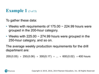 Copyright © 2019, 2016, 2014 Pearson Education, Inc. All Rights Reserved
Example 1 (3 of 5)
To gather these data:
• Weeks with requirements of 175.00 − 224.99 hours were
grouped in the 200-hour category.
• Weeks with 225.00 − 274.99 hours were grouped in the
250-hour category, and so on.
The average weekly production requirements for the drill
department are:
       
    
200 0.05 250 0.06 300 0.17 ... 600 0.02 400 hours
 