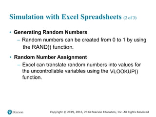 Copyright © 2019, 2016, 2014 Pearson Education, Inc. All Rights Reserved
Simulation with Excel Spreadsheets (2 of 3)
• Generating Random Numbers
– Random numbers can be created from 0 to 1 by using
the RAND funct
() ion.
• Random Number Assignment
– Excel can translate random numbers into values for
the uncontrollable variables using the VLOOKUP()
function.
 