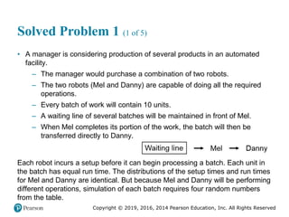 Copyright © 2019, 2016, 2014 Pearson Education, Inc. All Rights Reserved
Solved Problem 1 (1 of 5)
• A manager is considering production of several products in an automated
facility.
– The manager would purchase a combination of two robots.
– The two robots (Mel and Danny) are capable of doing all the required
operations.
– Every batch of work will contain 10 units.
– A waiting line of several batches will be maintained in front of Mel.
– When Mel completes its portion of the work, the batch will then be
transferred directly to Danny.
Each robot incurs a setup before it can begin processing a batch. Each unit in
the batch has equal run time. The distributions of the setup times and run times
for Mel and Danny are identical. But because Mel and Danny will be performing
different operations, simulation of each batch requires four random numbers
from the table.
 