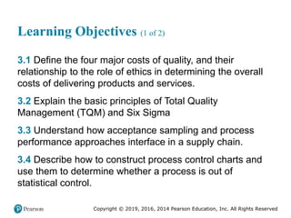 Copyright © 2019, 2016, 2014 Pearson Education, Inc. All Rights Reserved
Learning Objectives (1 of 2)
3.1 Define the four major costs of quality, and their
relationship to the role of ethics in determining the overall
costs of delivering products and services.
3.2 Explain the basic principles of Total Quality
Management (TQM) and Six Sigma
3.3 Understand how acceptance sampling and process
performance approaches interface in a supply chain.
3.4 Describe how to construct process control charts and
use them to determine whether a process is out of
statistical control.
 