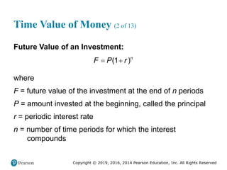 Copyright © 2019, 2016, 2014 Pearson Education, Inc. All Rights Reserved
Time Value of Money (2 of 13)
Future Value of an Investment:
(1 )n
F P r
 
where
F = future value of the investment at the end of n periods
P = amount invested at the beginning, called the principal
r = periodic interest rate
n = number of time periods for which the interest
compounds
 