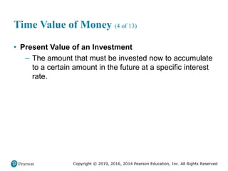 Copyright © 2019, 2016, 2014 Pearson Education, Inc. All Rights Reserved
Time Value of Money (4 of 13)
• Present Value of an Investment
– The amount that must be invested now to accumulate
to a certain amount in the future at a specific interest
rate.
 