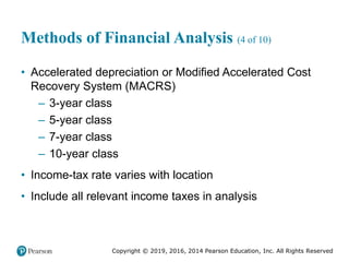 Copyright © 2019, 2016, 2014 Pearson Education, Inc. All Rights Reserved
Methods of Financial Analysis (4 of 10)
• Accelerated depreciation or Modified Accelerated Cost
Recovery System (MACRS)
– 3-year class
– 5-year class
– 7-year class
– 10-year class
• Income-tax rate varies with location
• Include all relevant income taxes in analysis
 