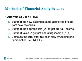 Copyright © 2019, 2016, 2014 Pearson Education, Inc. All Rights Reserved
Methods of Financial Analysis (6 of 10)
• Analysis of Cash Flows
1. Subtract the new expenses attributed to the project
from new revenues
2. Subtract the depreciation (D), to get pre-tax income
3. Subtract taxes to get net operating income (NOI)
4. Compute the total after-tax cash flow by adding back
depreciation, i.e., NOI + D
 