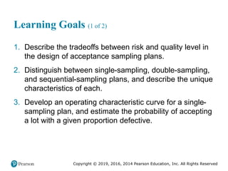 Copyright © 2019, 2016, 2014 Pearson Education, Inc. All Rights Reserved
Learning Goals (1 of 2)
1. Describe the tradeoffs between risk and quality level in
the design of acceptance sampling plans.
2. Distinguish between single-sampling, double-sampling,
and sequential-sampling plans, and describe the unique
characteristics of each.
3. Develop an operating characteristic curve for a single-
sampling plan, and estimate the probability of accepting
a lot with a given proportion defective.
 