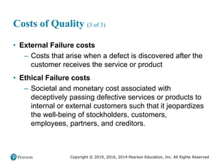 Copyright © 2019, 2016, 2014 Pearson Education, Inc. All Rights Reserved
Costs of Quality (3 of 3)
• External Failure costs
– Costs that arise when a defect is discovered after the
customer receives the service or product
• Ethical Failure costs
– Societal and monetary cost associated with
deceptively passing defective services or products to
internal or external customers such that it jeopardizes
the well-being of stockholders, customers,
employees, partners, and creditors.
 