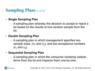 Copyright © 2019, 2016, 2014 Pearson Education, Inc. All Rights Reserved
Sampling Plans (1 of 2)
• Single Sampling Plan
– A sampling plan whereby the decision to accept or reject a
lot based on the results of one random sample from the
lot.
• Double Sampling Plan
– A sampling plan in which management specifies two
sample sizes, (n1 and n2), and two acceptance numbers
(c1 and c2).
• Sequential Sampling Plan
– A sampling plan in which the consumer randomly selects
items from the lot and inspects them one-by-one.
 